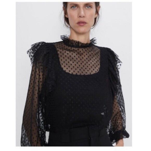 Zara Black Sheer Polka Dot Ruffled Long Sleeve Mock Neck Top Sz S Whimsygoth - Picture 5 of 8